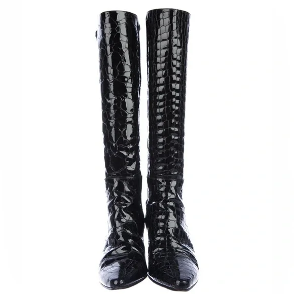 STUART WEITZMAN Croc Embossed 50/50 Ltd Edition Black Patent Leather Heel Boot 4 - Picture 6 of 16